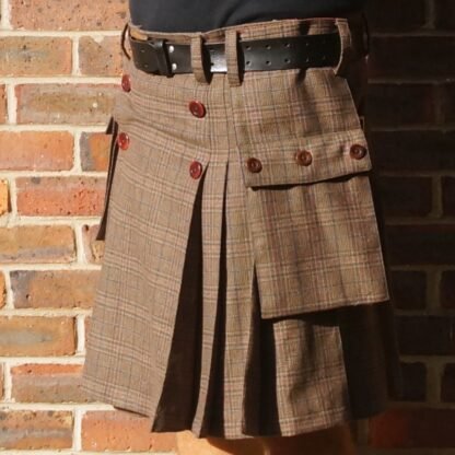 Brown wool checked tweed suiting button up kilt