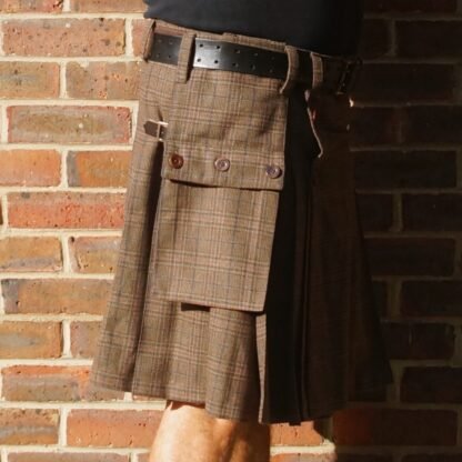 Brown wool checked tweed suiting button up kilt